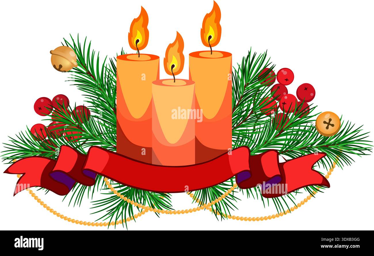 Arrangement de Noël avec branches de sapin, bougies, ruban, cloches et guirlande dorée Illustration de Vecteur