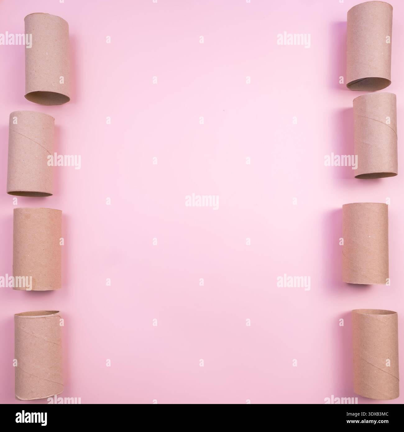 Tubes en carton de papier toilette vides disposés selon un motif circulaire sur un fond rose. La scène est minimaliste et souligne la texture de la tu Banque D'Images