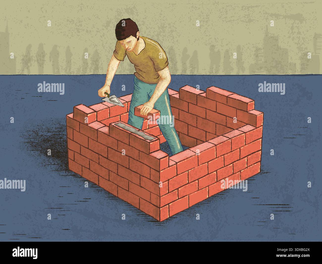 Homme s'isolant du monde extérieur en construisant un mur de briques. Illustration numérique. Banque D'Images