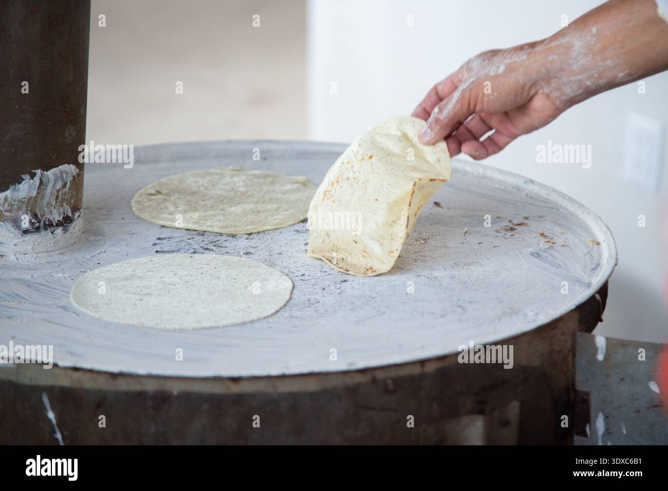 Fabrication à la main de tortillas de maïs traditionnelles sur un comal, cuisine de rue mexicaine et processus de cuisine culturelle. Banque D'Images