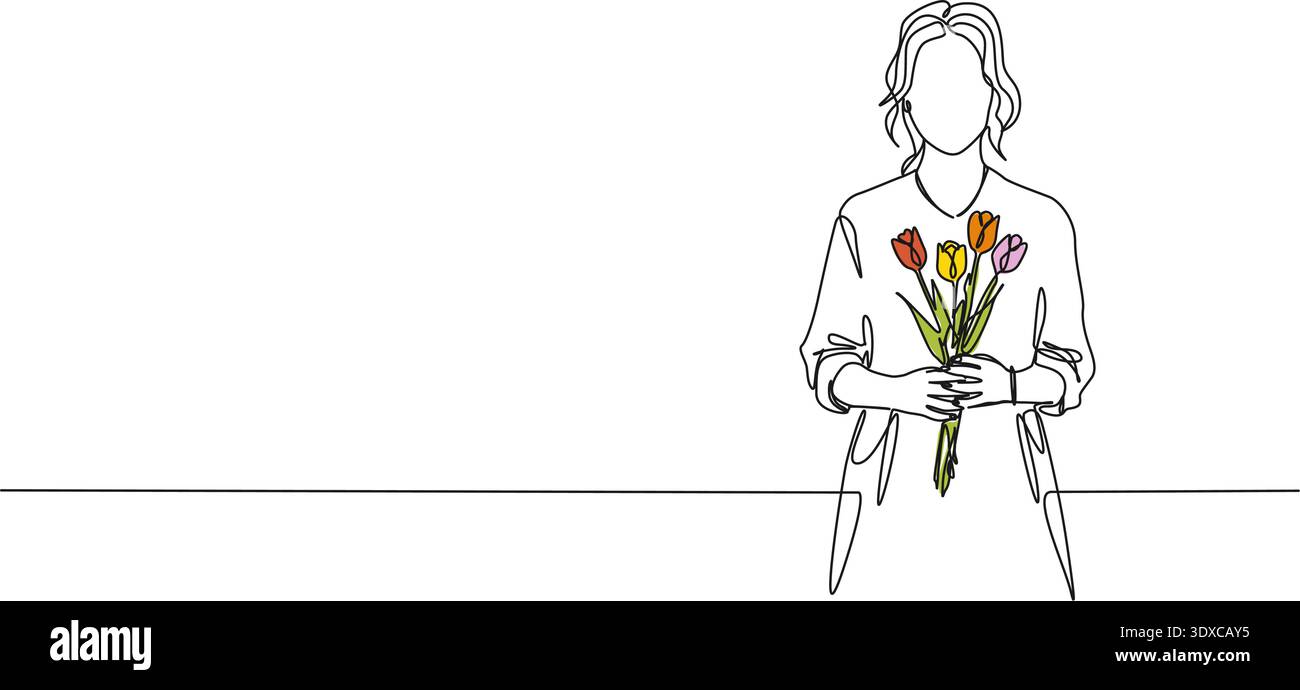dessin en ligne continu de femme tenant un bouquet de tulipes avec les deux mains, illustration vectorielle d'art au trait Illustration de Vecteur