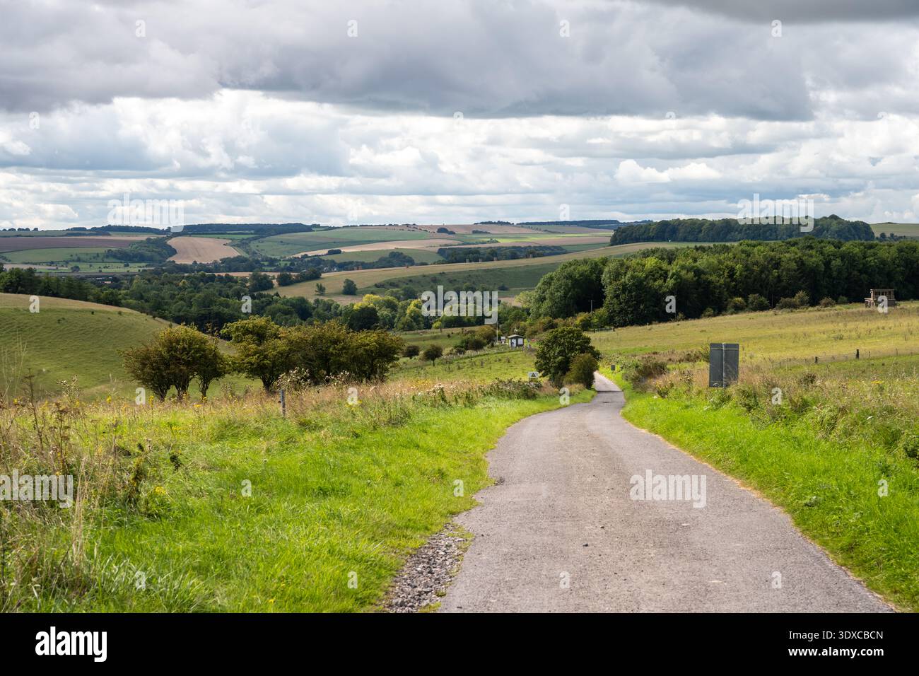Une voie de campagne descend de la plaine de Salisbury à la vallée de Wylye à Heytesbury dans le Wiltshire, avec les West Wiltshire Downs derrière. Banque D'Images