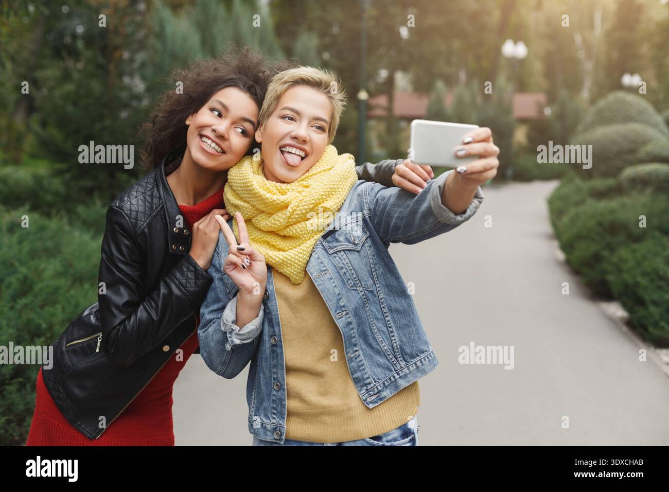Deux amis se font des visages stupides en prenant un Selfie dans un parc pendant l'automne Banque D'Images