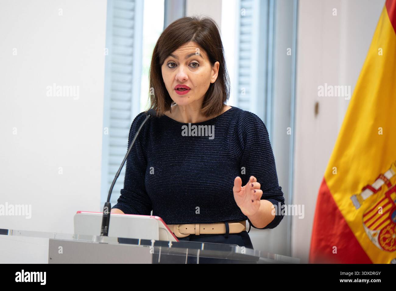 Madrid, Espagne. 02 mars 2026. Ministre de la Jeunesse et de l'enfance, Sira Rego intervient lors de la présentation du 'Buzon de las personas becarias' au Ministère de la Jeunesse et de l'enfance. Crédit : SOPA images Limited/Alamy Live News Banque D'Images