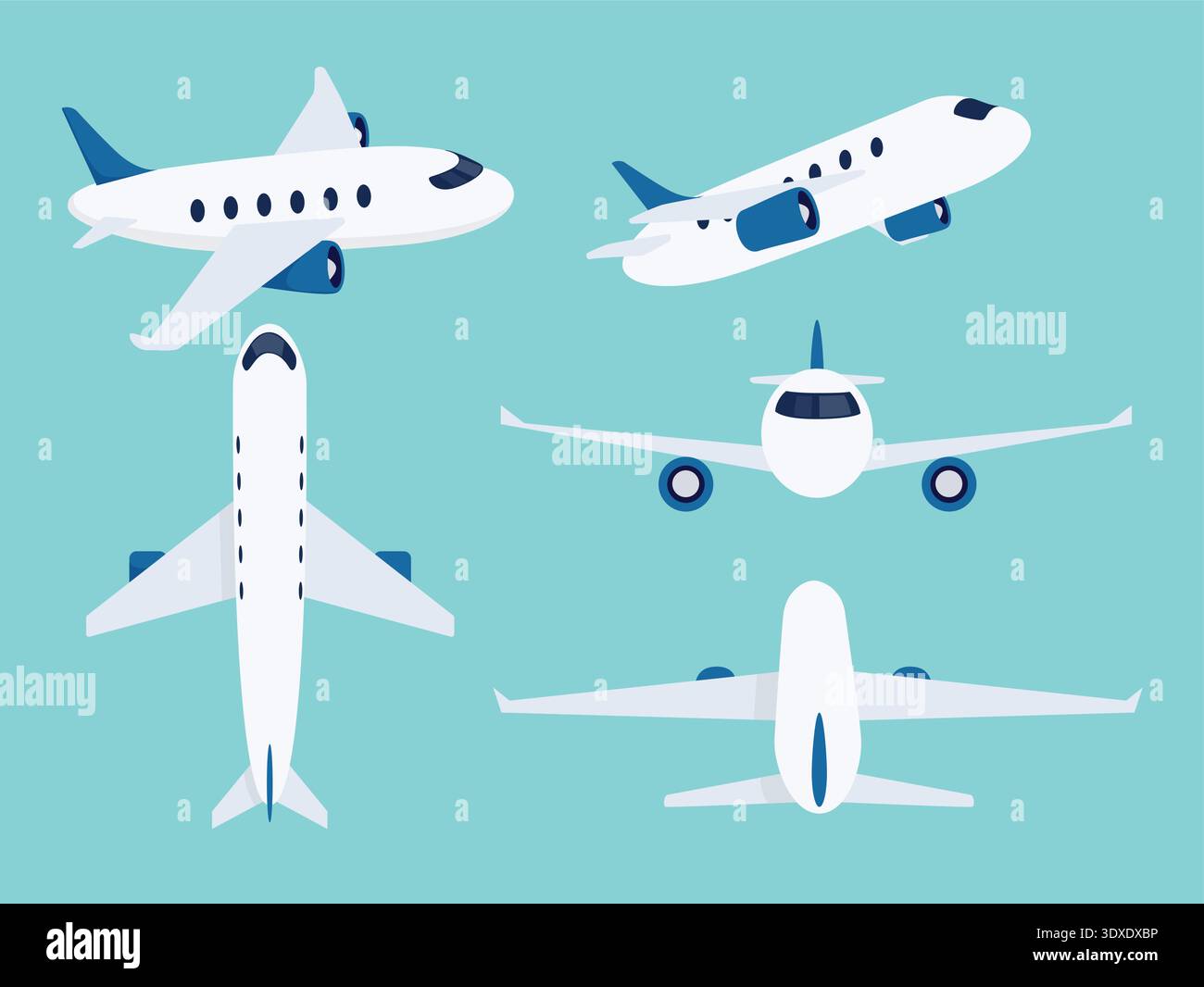 Ensemble de cliparts d'avion. Clip art de conception de dessin animé plat d'avion de vue différente en haut, côté, angle, fond et avant pour le vol, l'atterrissage et le décollage Illustration de Vecteur