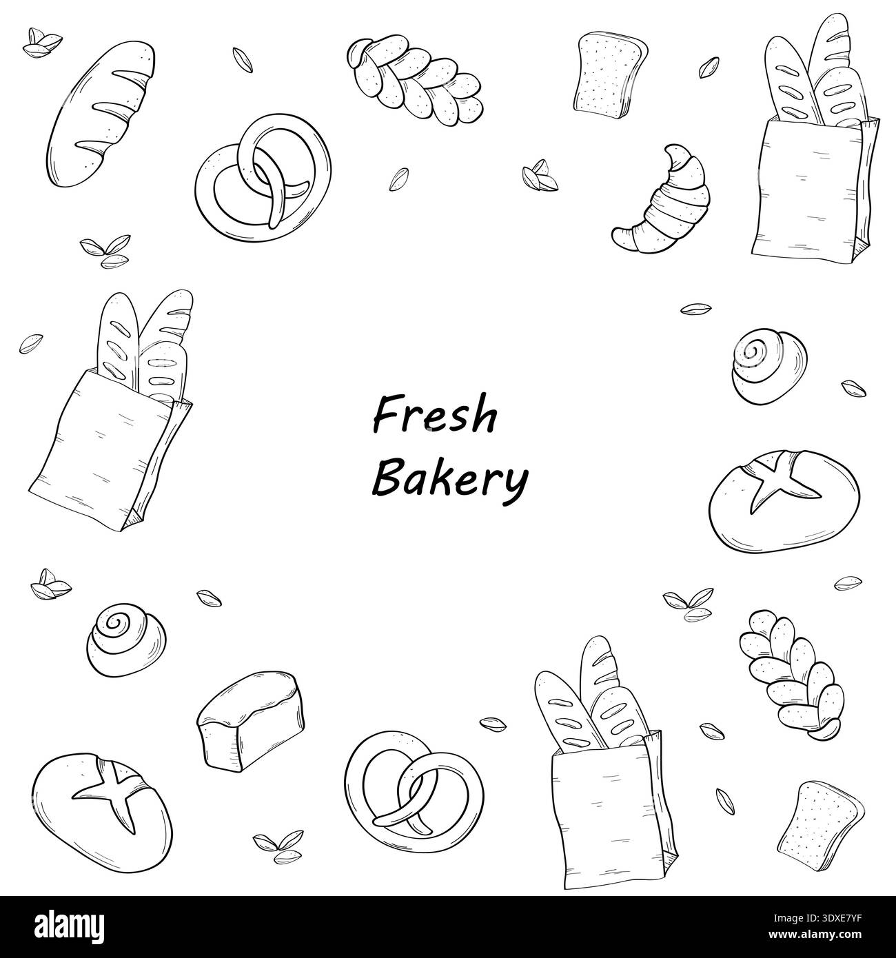 Pain et produits de boulangerie. Un ensemble d'icônes de doodle de cuisson. isolé sur fond blanc Banque D'Images