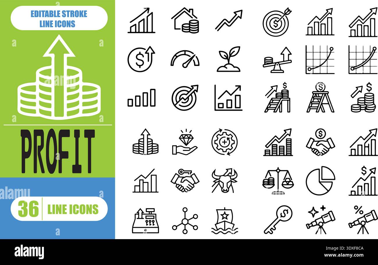 Jeu d'icônes de profit. Ensemble de 36 icônes de ligne liées au profit. Icônes incluses comme épargne, argent, finance, croissance, investissement, liquidités, revenus et autres grandes lignes Illustration de Vecteur