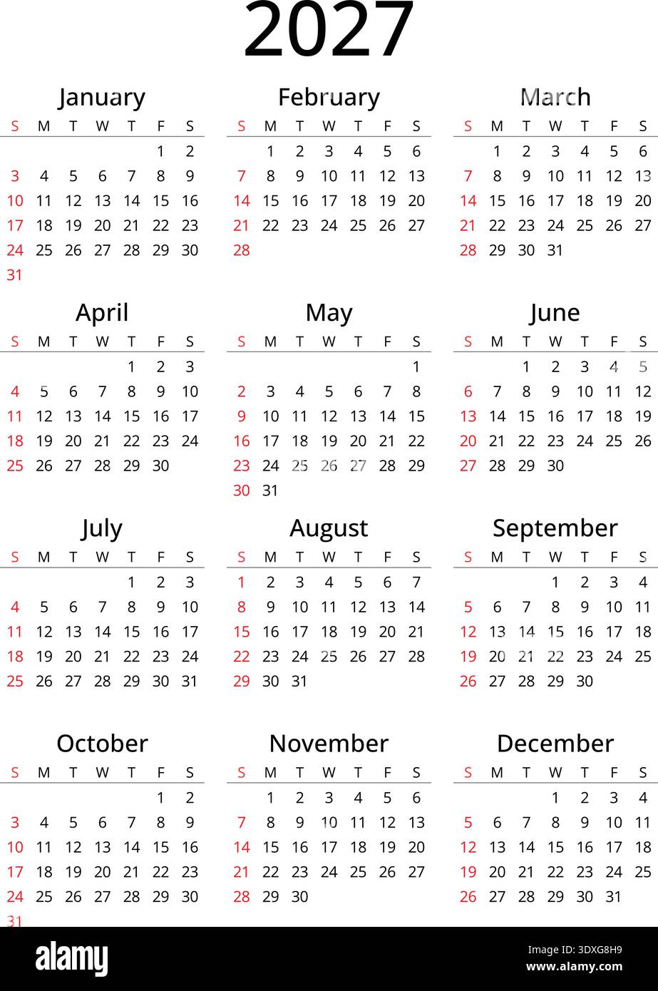Calendrier anglais 2027 propre avec mise en page annuelle simple et semaine commençant le dimanche
 Illustration de Vecteur