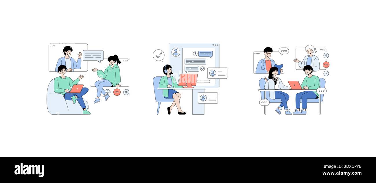 Illustration vectorielle de personnes collaborant en ligne et discutant dans un espace de travail virtuel. L'image illustre les interactions, le travail d'équipe et la communication numérique à l'aide d'ordinateurs portables et de plateformes de chat. Illustration de Vecteur