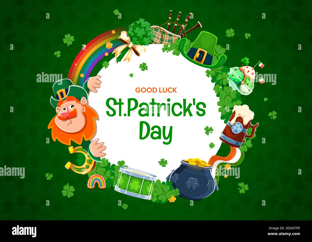 Bannière ronde St Patrick Day avec cadre, leprechaun Illustration de Vecteur