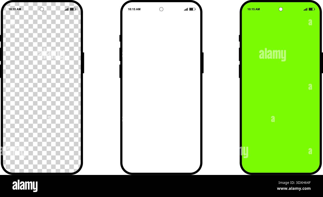 Mockup Set trois smartphones modernes avec des écrans de touches blancs transparents, blancs et verts chromés sur fond blanc Illustration de Vecteur