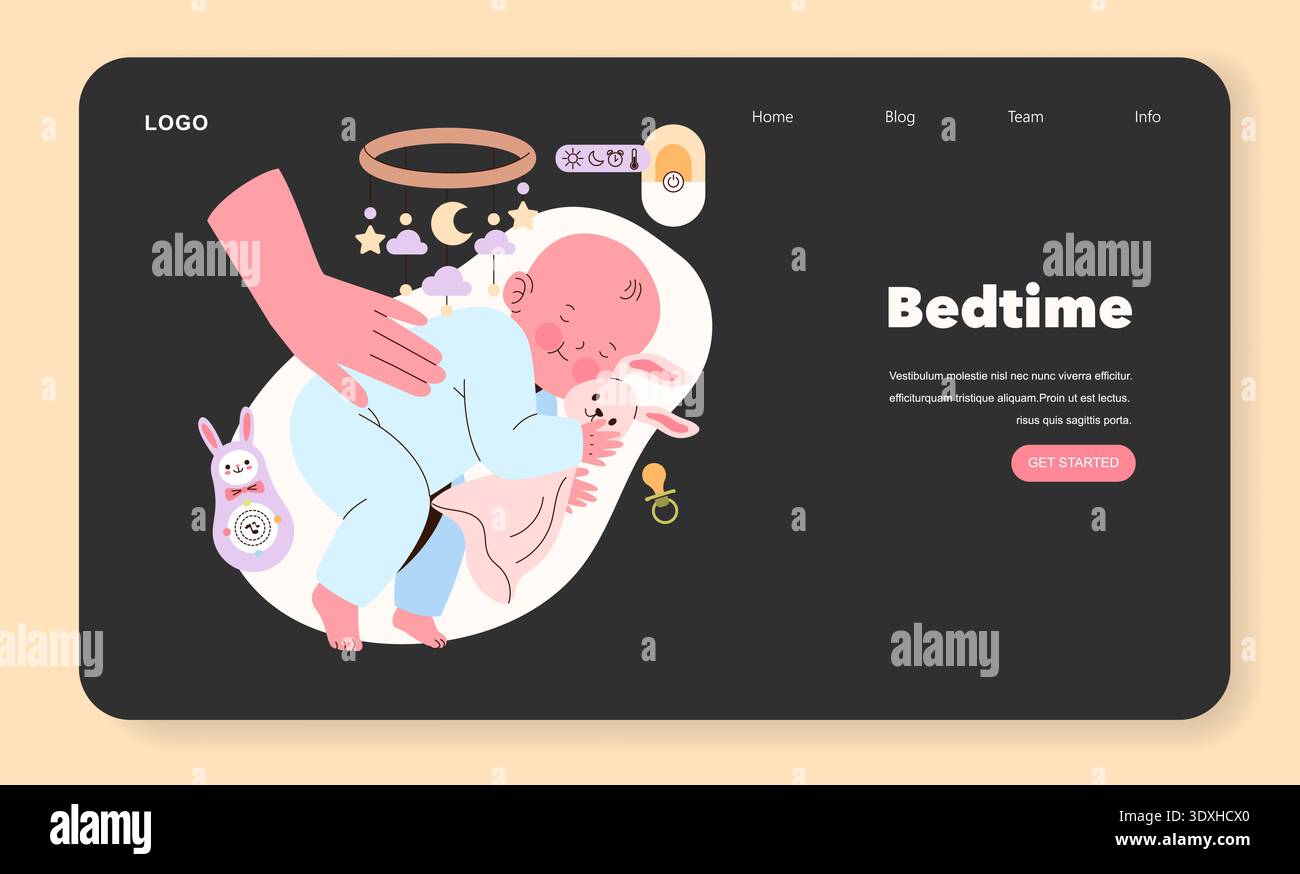 Illustration vectorielle d'un bébé dormant paisiblement dans un berceau, tenant un jouet en peluche, tandis qu'un parent place doucement sa main sur l'enfant, créant une scène réconfortante. Illustration de Vecteur