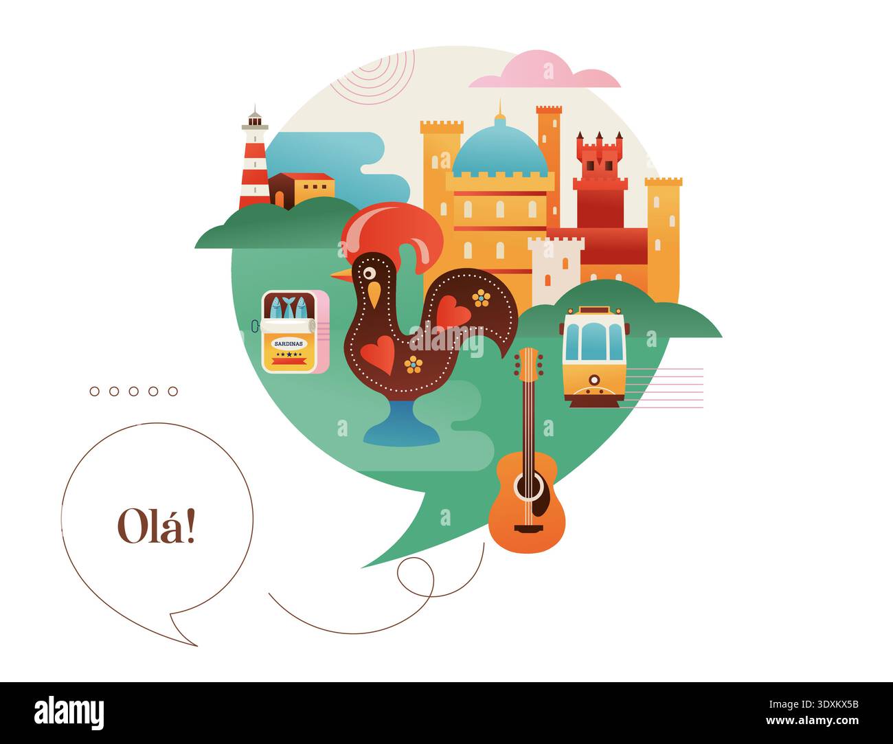 Portugal attractions touristiques, monuments et symboles bannière colorée, affiche et fond de carte postale. Illustration de Vecteur