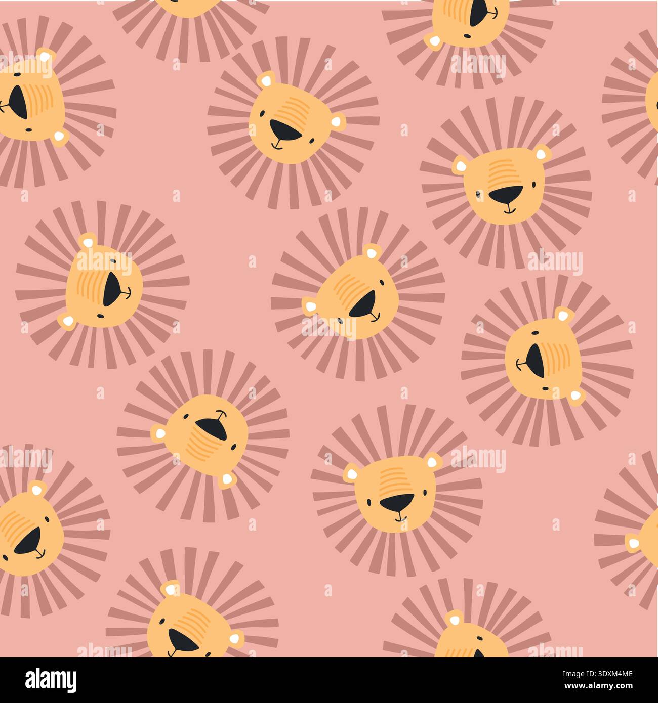 Motif lion mignon sans couture. Illustration vectorielle dessinée à la main pour affiches, cartes, t-shirts, texture pour tissu, emballage, textile, papier peint et vêtements. Fond enfantin avec des visages d'animaux Illustration de Vecteur