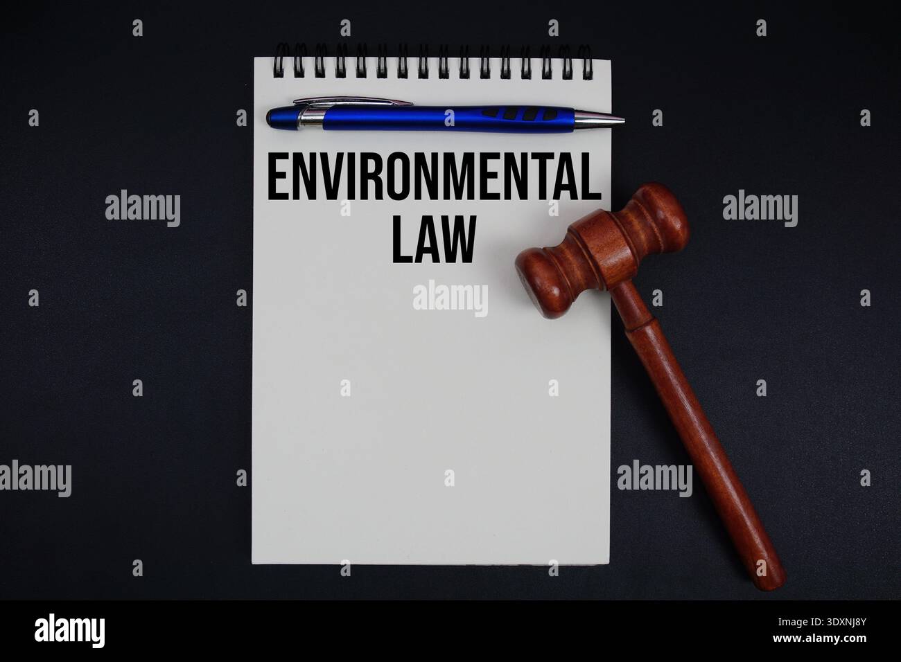 Texte de loi environnementale écrit sur bloc-notes avec marteau sur fond noir Banque D'Images