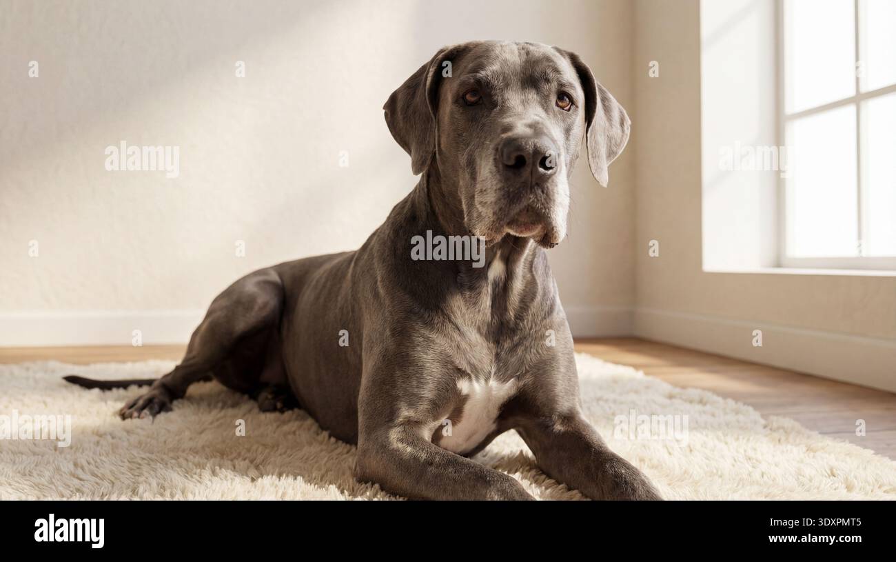 Un magnifique Grand Danois, avec son pelage gris épuré et sa stature imposante, repose élégamment sur un tapis doux de couleur crème. Le regard du chien est dirigé à la fourche Banque D'Images