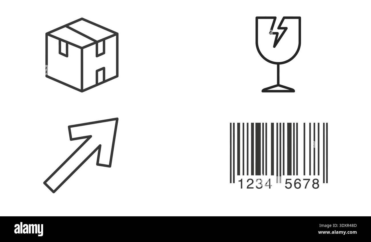 Un ensemble de quatre icônes de contour noir minimal représentant les services de logistique et d'expédition. Comprend une boîte à colis, symbole de verre fragile, flèche vers le haut Illustration de Vecteur