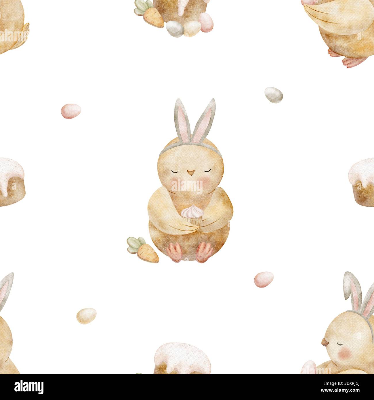 Motif poussins en oreilles de lapin, œufs colorés, gâteau de Pâques. Illustrations aquarelle poulets, nourriture style enfants. Imprimé dessiné à la main, isolé de Banque D'Images