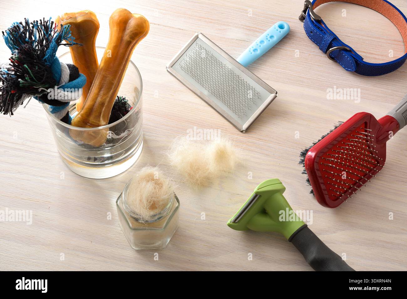 Vue de dessus des outils de toilettage de chien et de la fourrure lâche sur une surface en bois, avec des brosses, râteau, collier, os, et un outil de deshedding illustrant l'excrétion saisonnière Banque D'Images