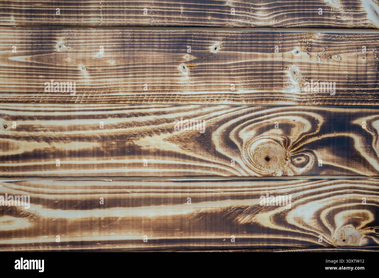 Vue de dessus rapprochée de planches en bois carbonisé avec un beau grain et des nœuds très contrastés. Surface en bois brun rustique idéale pour le design organique Banque D'Images