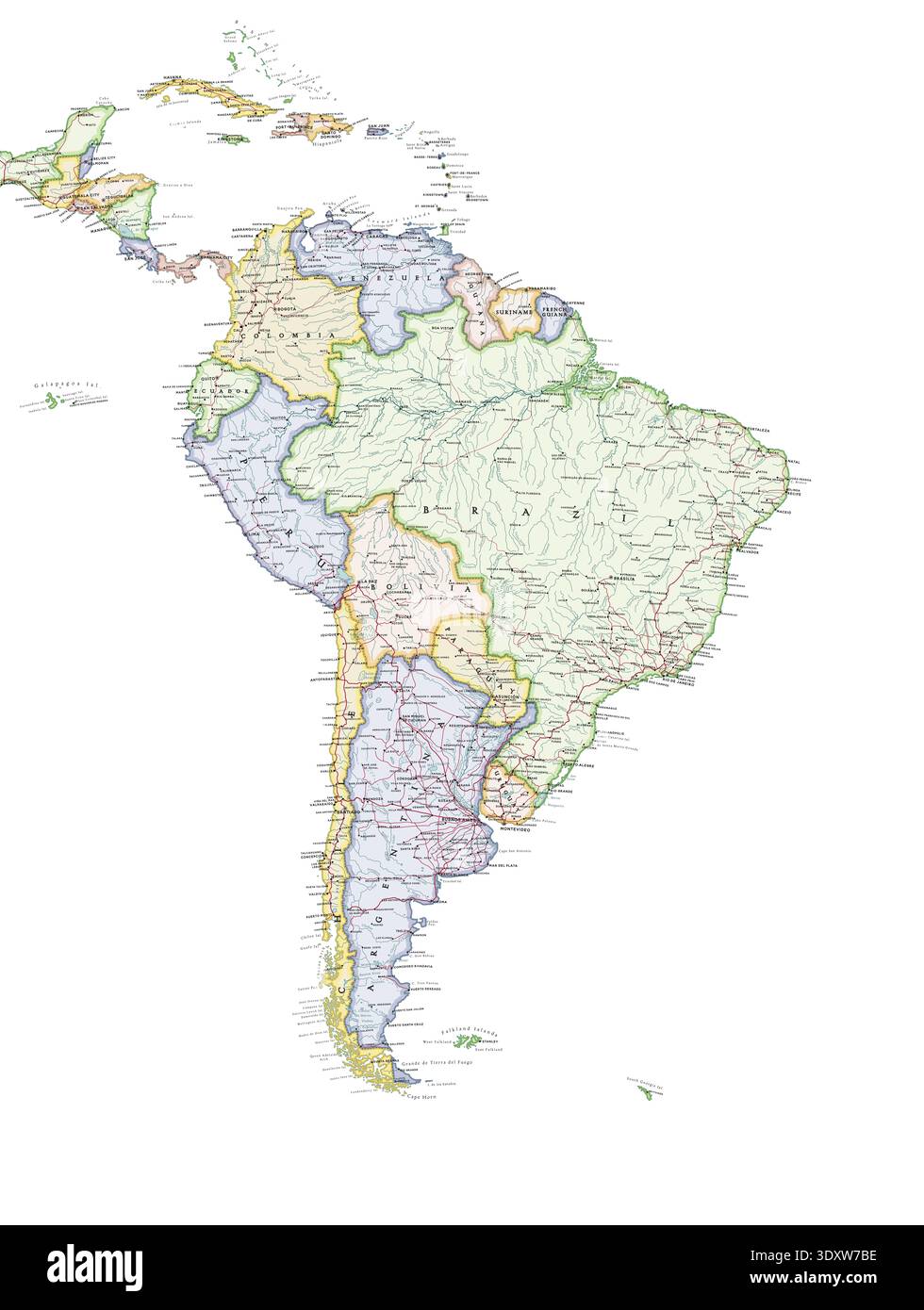 Carte politique de l'Amérique du Sud. Super haute qualité. Détaillé avec des milliers d'étiquettes de noms de lieux. Banque D'Images