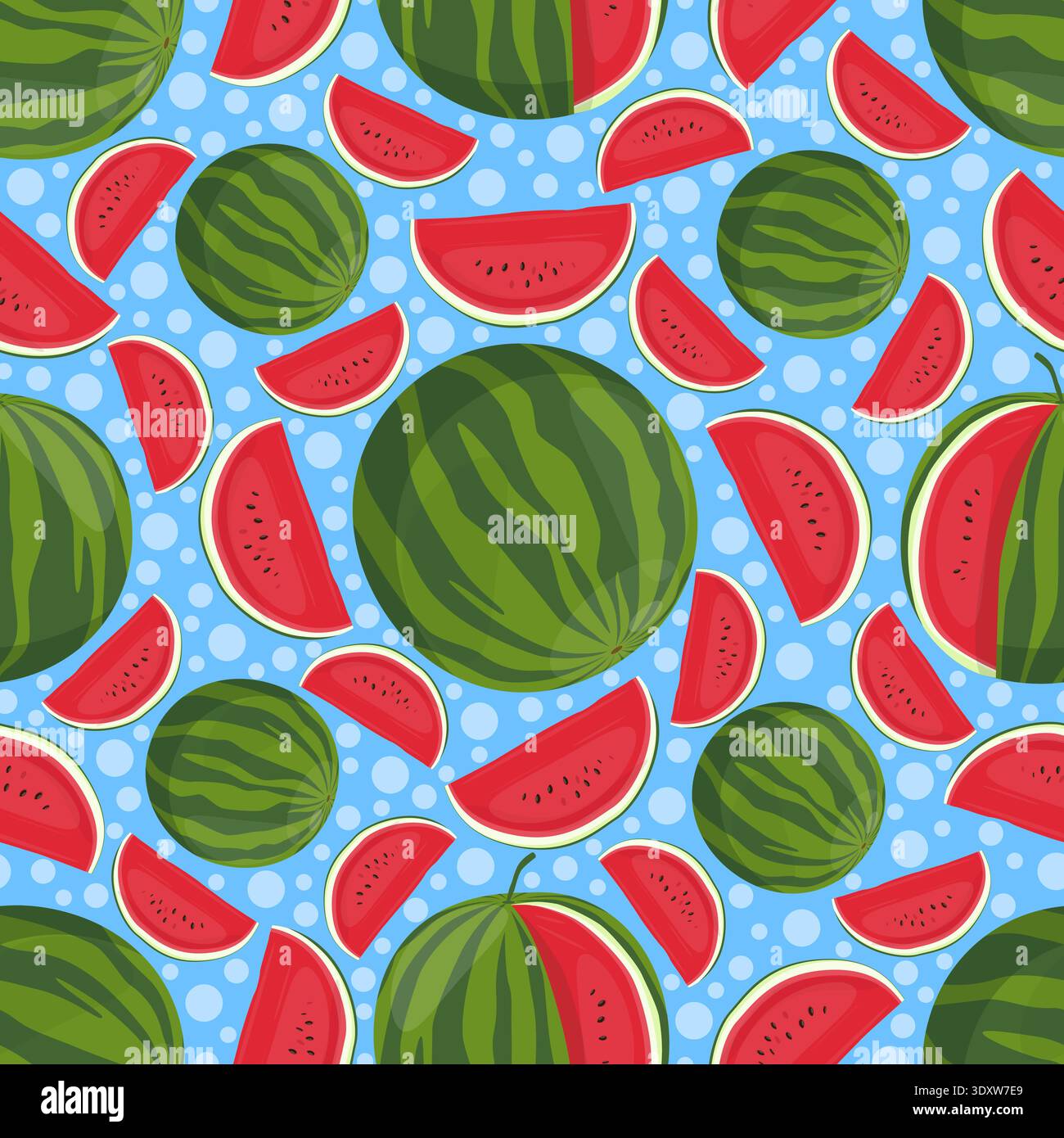 Motif sans couture de pastèque mûre juteux. Morceaux de baies savoureux. Entiers et coupés en tranches. Dessert diététique végétalien. Nourriture de plage d'été. Écorce et graines de fruits Illustration de Vecteur