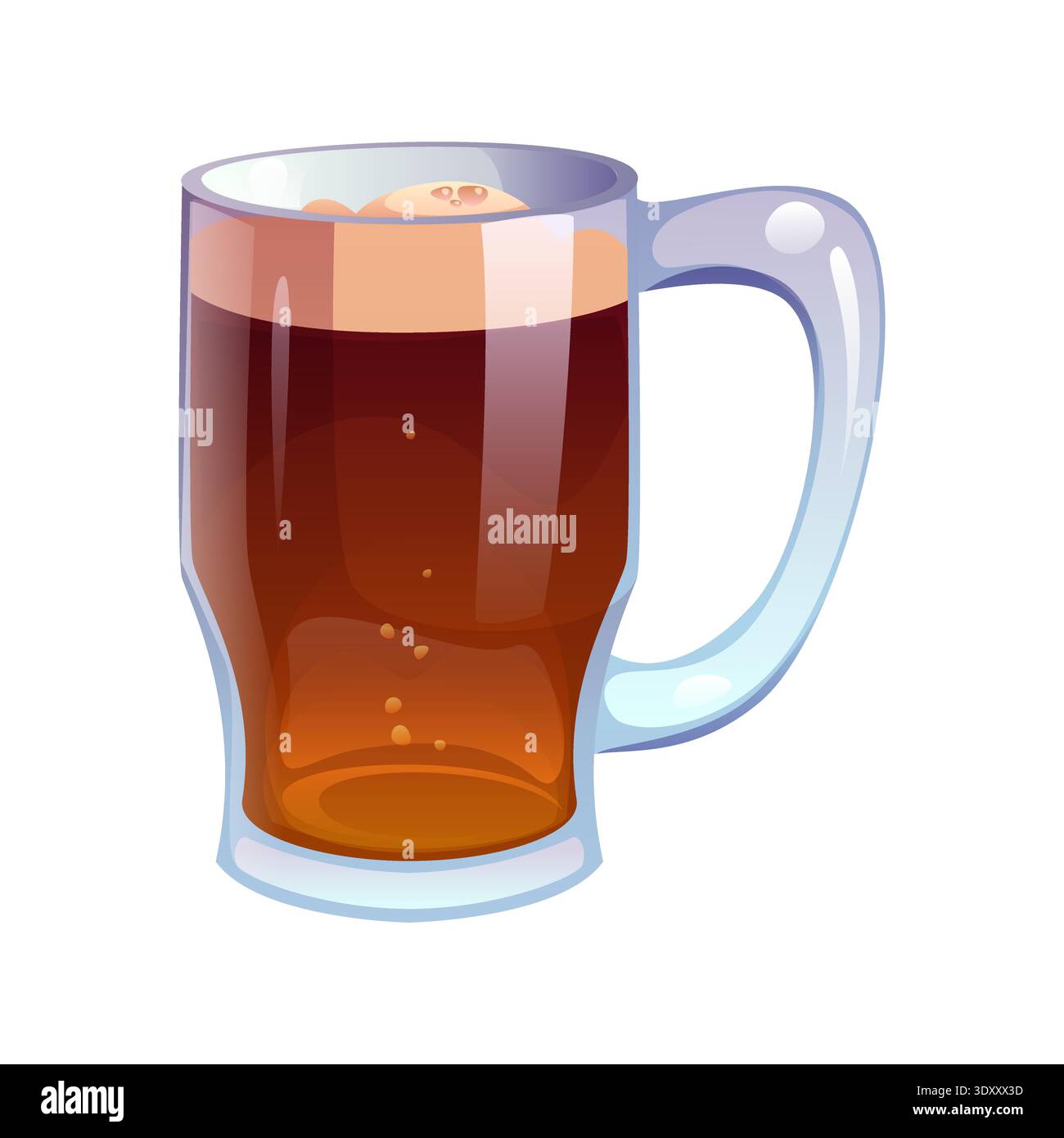 Boisson de tankard de bière de dessin animé, boisson d'alcool. Bouteille de bière en verre transparent remplie de liquide ambré foncé et d'une tête mousseuse sur le dessus. Tasse mousseuse de boisson à la bière dorée avec des bulles montant vers le haut Illustration de Vecteur