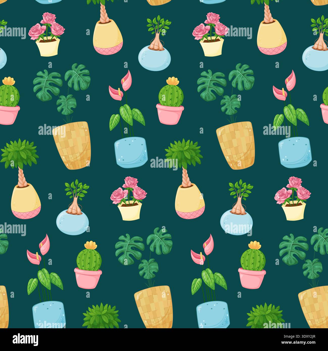 Motif vibrant sans couture de plantes en pot avec monstera, palmier et petits pots à fleurs sur sarcelle profonde Illustration de Vecteur