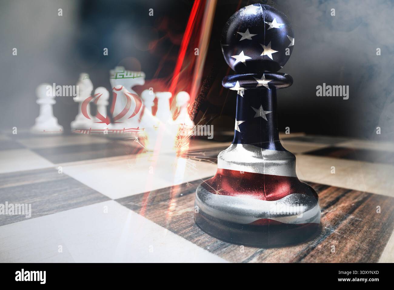 Conflit entre l'Iran et les USA représenté dans une partie d'échecs avec un pion arborant le drapeau des USA Banque D'Images