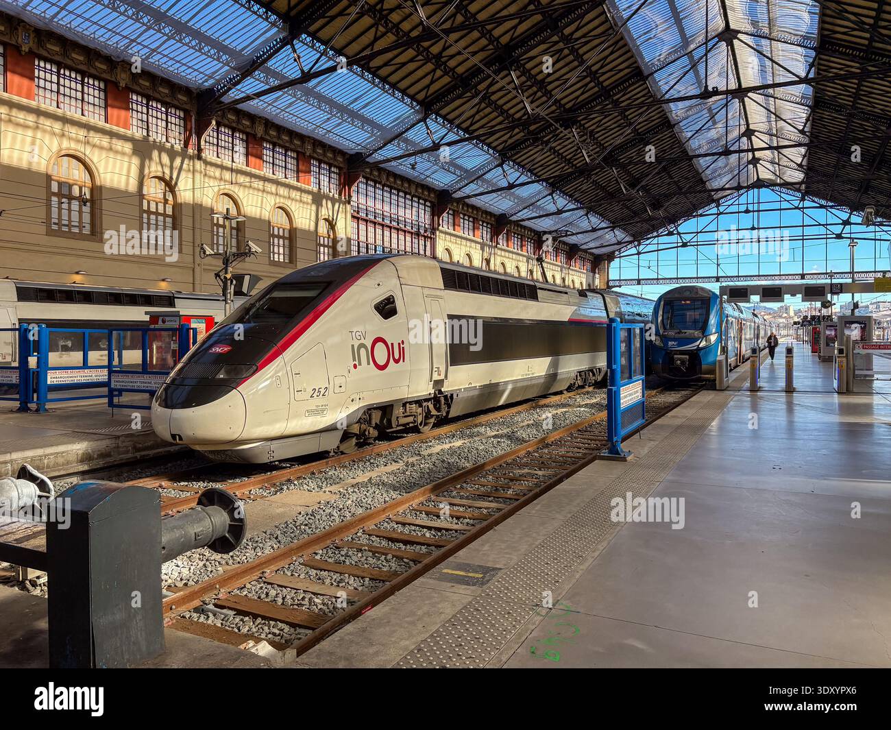 Gare de Marseille-Saint-Charles, France. La verrière de l'époque victorienne couvre les plates-formes accueillant SNCF TGV inOui et les trains régionaux TER par une journée ensoleillée. Banque D'Images