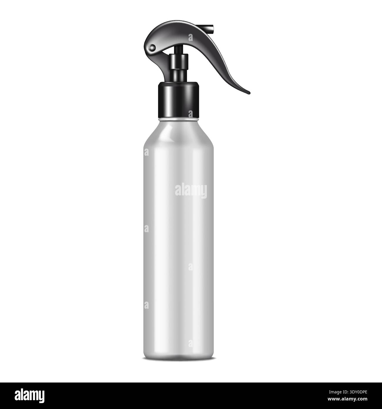 Flacon pulvérisateur opaque gris argenté vierge modèle réaliste isolé. Maquette de vecteur de récipient de pulvérisation blanc de produit cosmétique. Pulvérisateur à pompe à gâchette Illustration de Vecteur