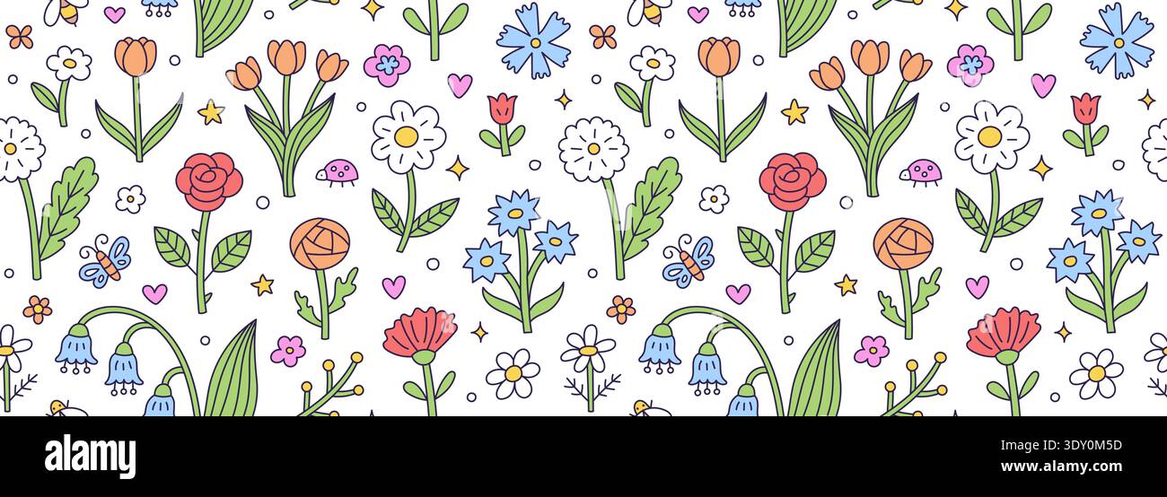 Motif floral de printemps sans couture avec fleurs colorées dessinées à la main, roses, tulipes et marguerites. Joli fond de doodle de jardin avec des papillons, des abeilles Illustration de Vecteur