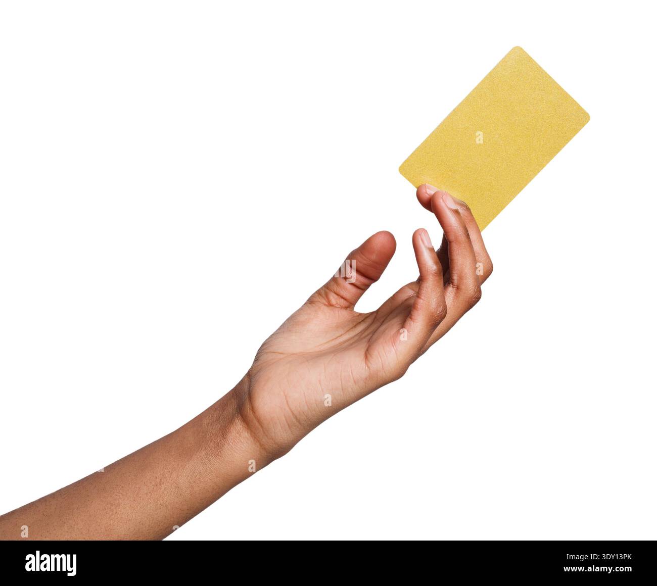 Main femelle tenant la carte en plastique vierge isolée sur blanc Banque D'Images