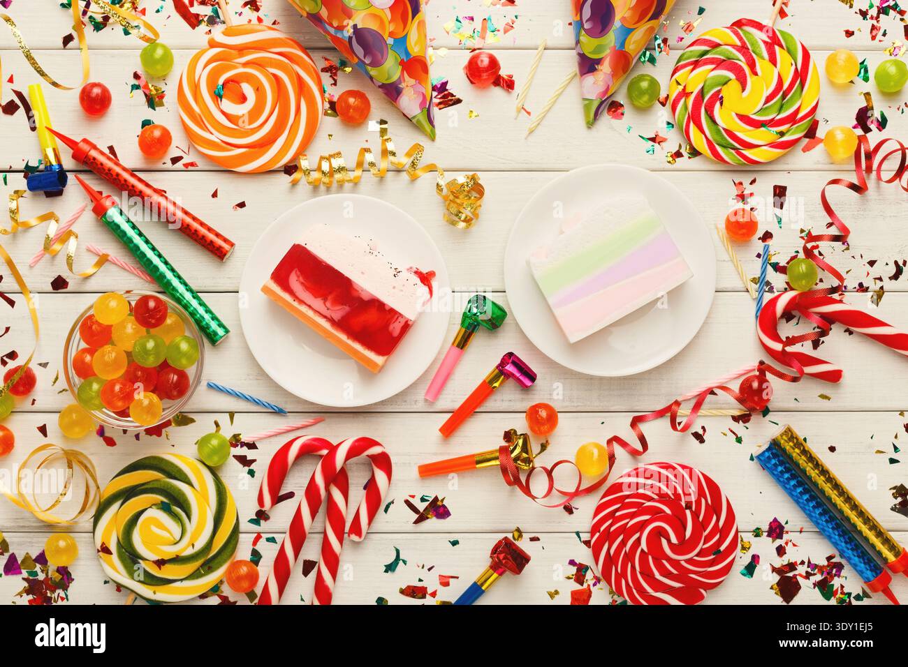 Fond de fête, accessoires de célébration de vacances, vue de dessus Banque D'Images