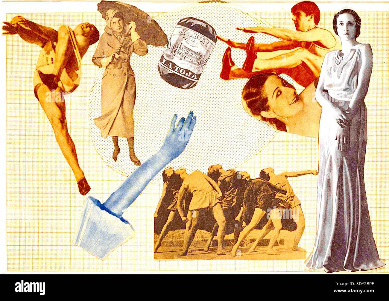 Nicolás de Lekuona - photographie 12 - 1934 - L'œuvre utilise des découpes de magazines et de journaux de personnages en mouvement, d'athlètes et de mode contemporaine. Lekuona utilisait souvent du papier millimétré comme support, ajoutant une structure moderne et rationaliste à ses compositions surréalistes. Une caractéristique importante est le conteneur Jabón de la Toja (savon la Toja) dans la partie supérieure centrale, intégrant des images commerciales dans le cadre Une main bleue au premier plan crée un sentiment de profondeur et de mystère surréaliste. Banque D'Images