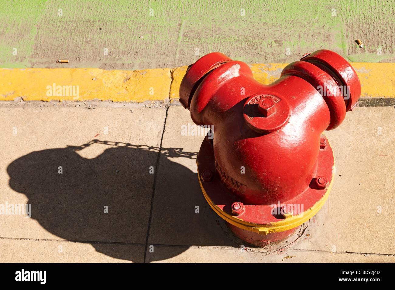 Une bouche d'incendie rouge se tient près d'une piste cyclable verte à Chicago, Illinois. La bouche d'incendie comporte un anneau de jaune. Banque D'Images