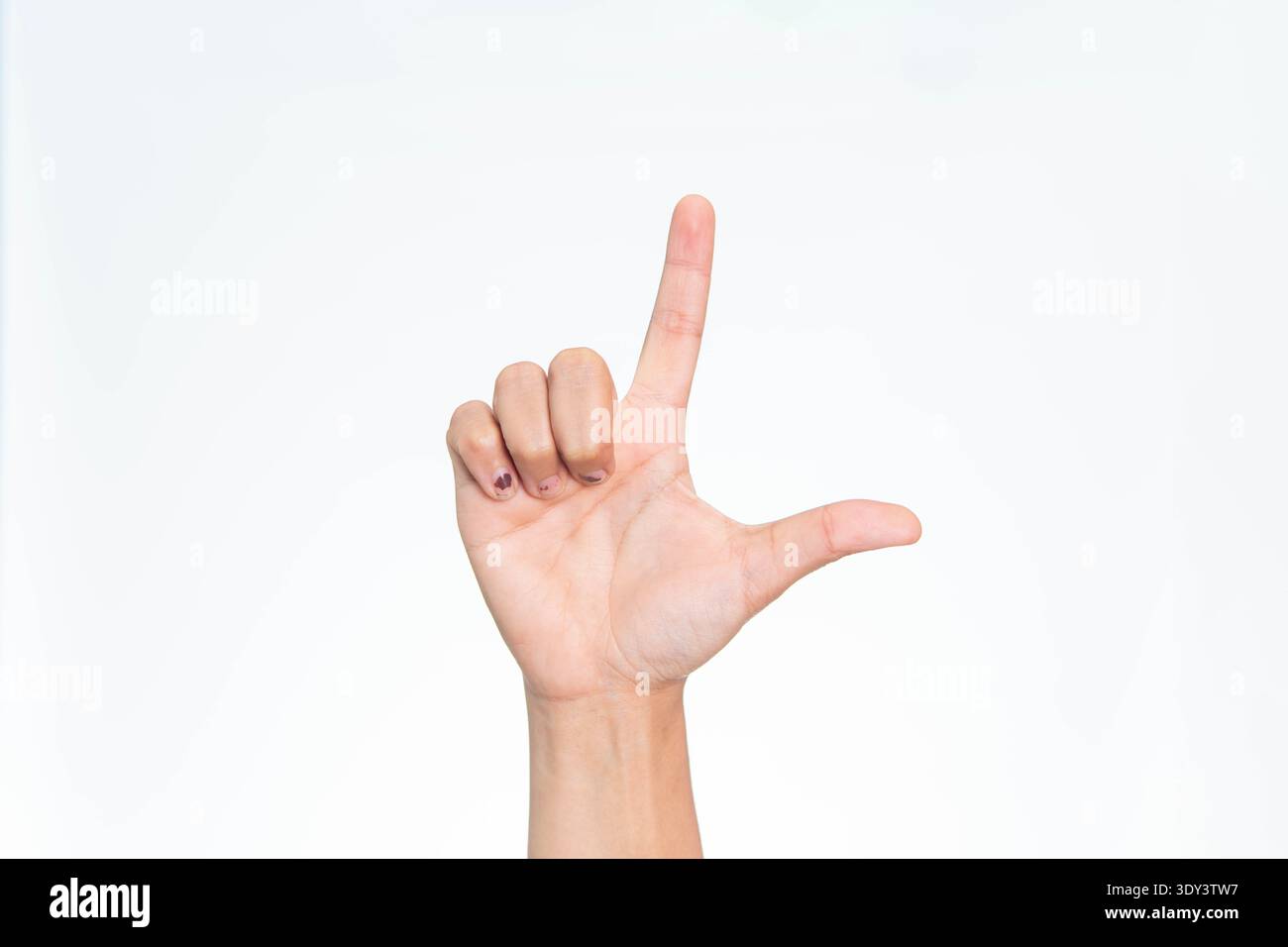 Gros plan d'une main humaine montrant un geste de doigt en forme de l, représentant généralement la lettre l ou un signe de perdant, sur un fond blanc. Banque D'Images
