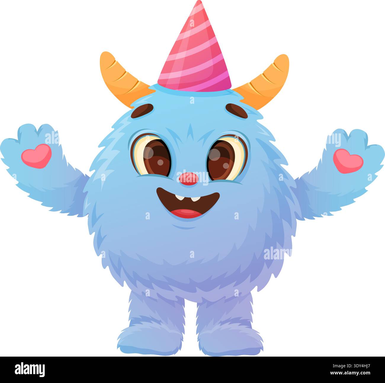 Monstre à fourrure bleu portant un chapeau de fête avec de petites cornes orange, des paumes en forme de cœur, de larges yeux souriants, pelucheux Illustration de Vecteur