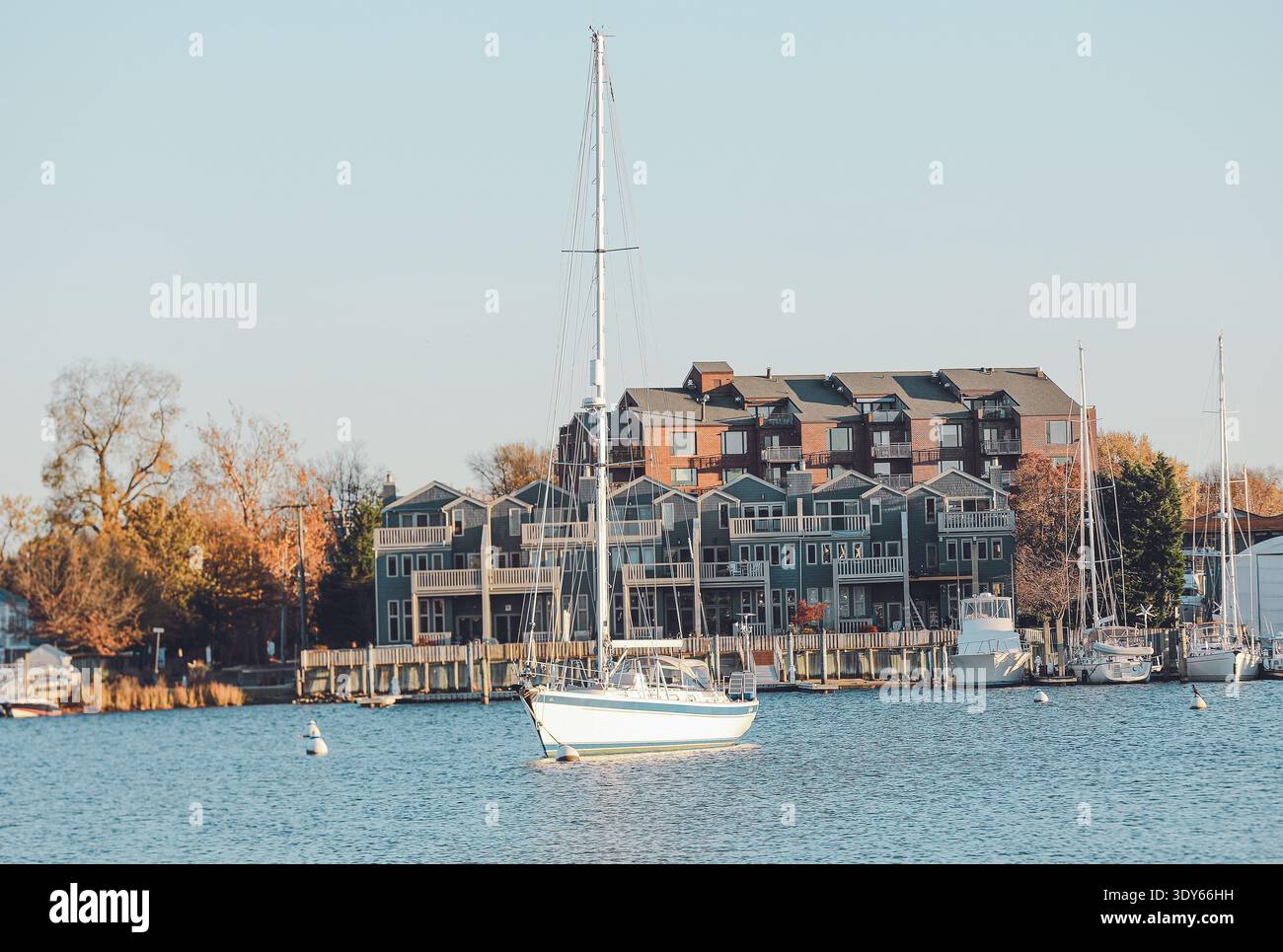 Un voilier se trouve dans un port avec des maisons en arrière-plan à Annapolis Banque D'Images