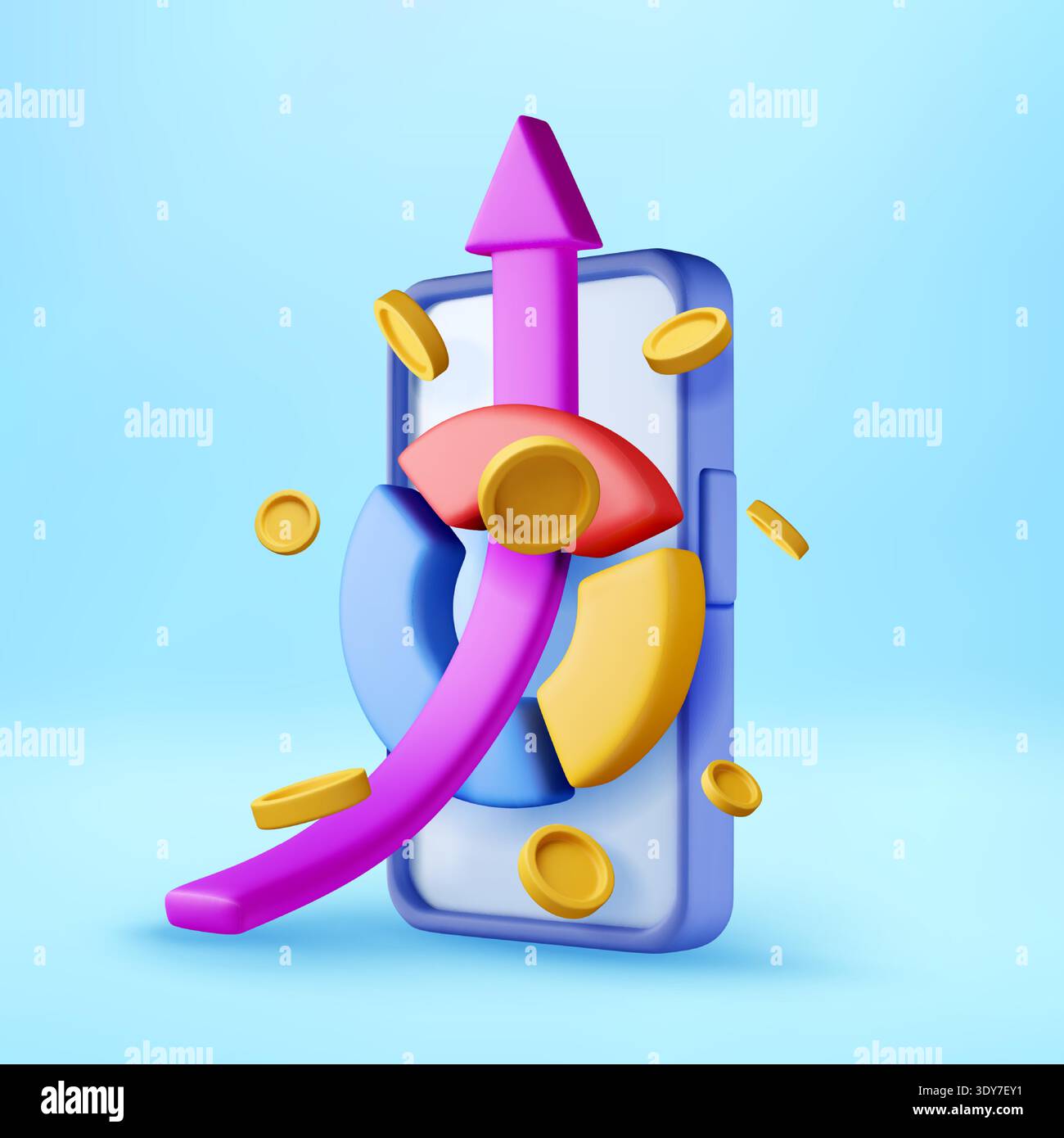 Téléphone mobile 3D avec flèche croissante et pièce d'or Illustration de Vecteur