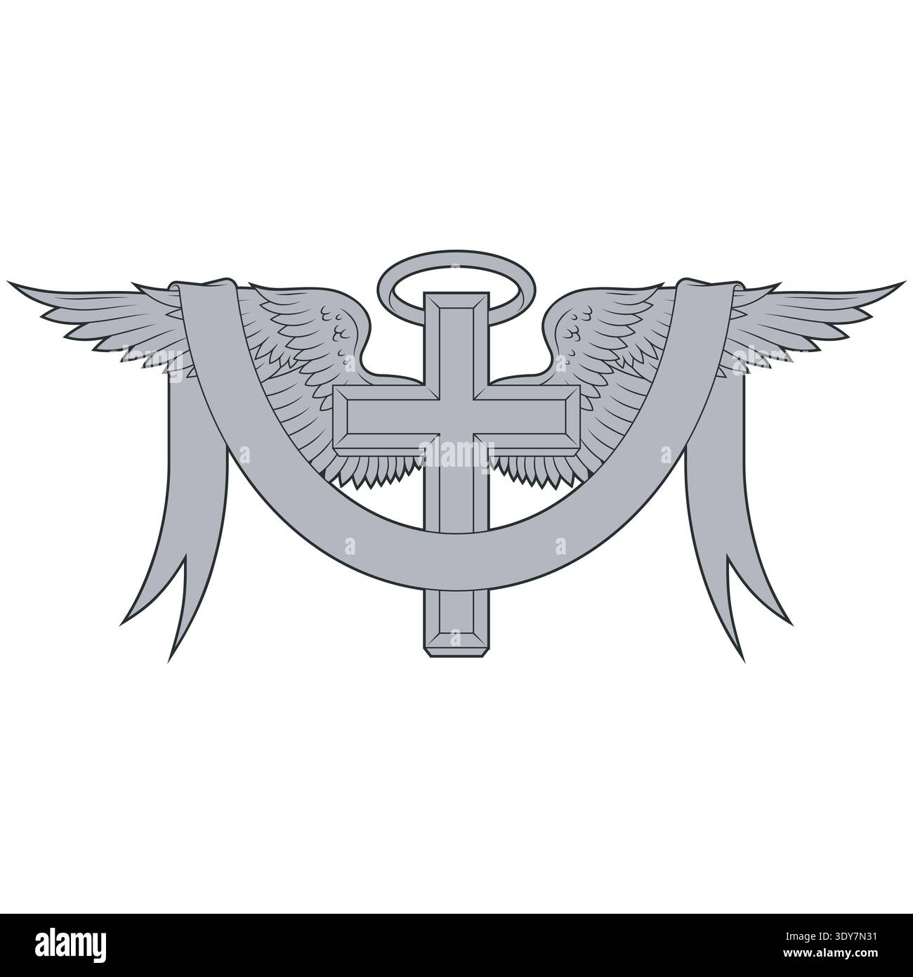 Illustration en niveaux de gris d'une croix ailée métallique et d'un halo avec un tracé externe mis en évidence. Design graphique moderne et sobre, idéal pour les applications, les logos Illustration de Vecteur