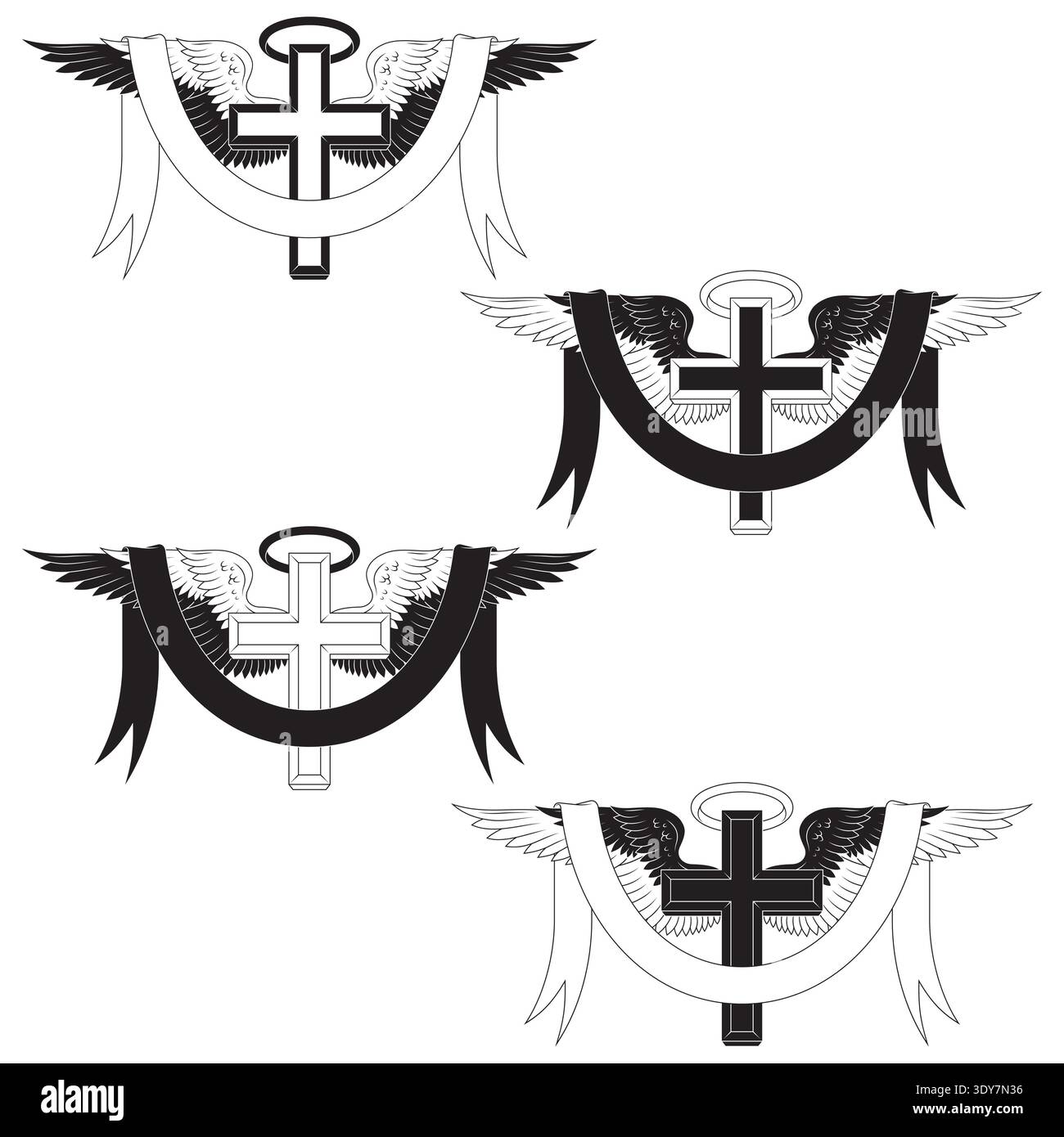 Composition technique en noir et blanc mettant en valeur la silhouette d'une croix avec ailes, halo et ruban. Esthétique et style visuel défini, Optimiz Illustration de Vecteur