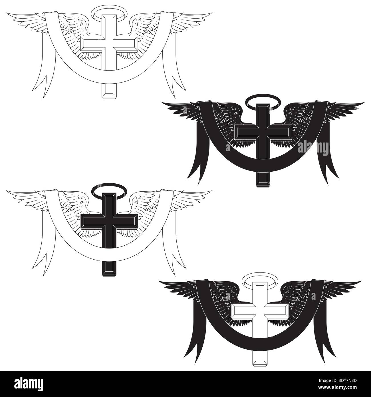 Dessin au trait noir et blanc d'une croix chrétienne avec des ailes et un ruban décoratif. Art minimaliste avec des lignes épurées et précises, excellent pour engra Illustration de Vecteur