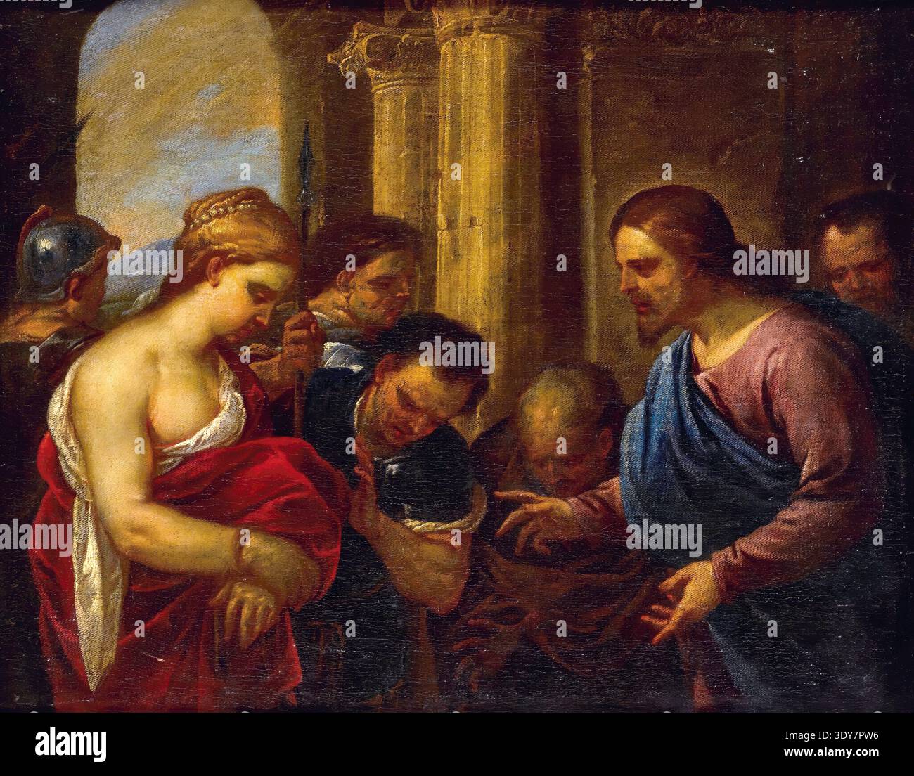 Luca Giordano geb. Oktober 1634, Gest. 3. Januar 1705, genannt Fa Presto, Italienischer Maler und Radierer des Barock, Christ et l'Adulteress, Banque D'Images