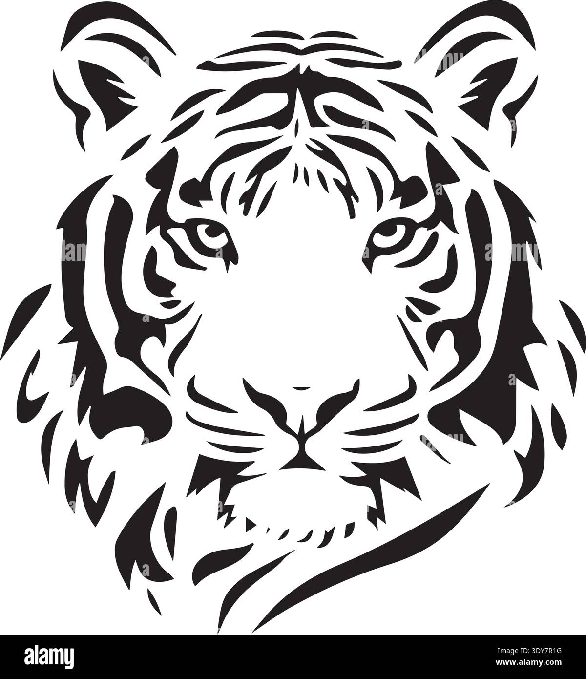 Pochoir à tête de tigre orienté vers l'avant avec des rayures noires audacieuses sur blanc. Illustration de Vecteur