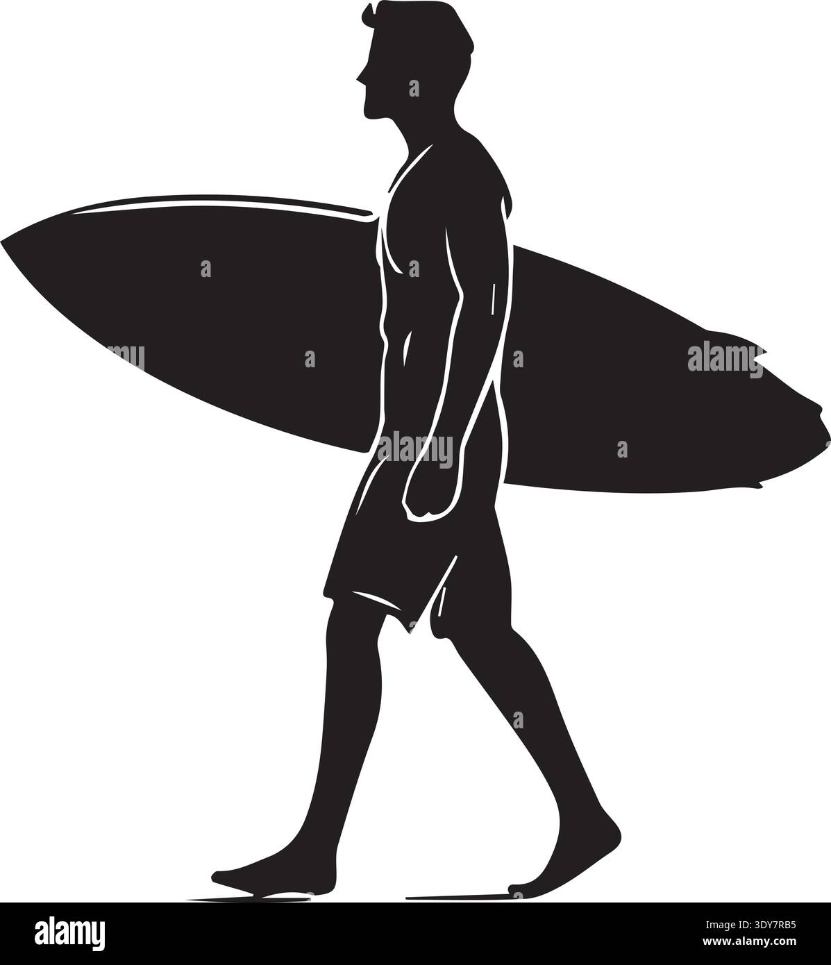 Silhouette de surfeur masculin marchant avec shortboard sous le bras sur la plage. Illustration de Vecteur