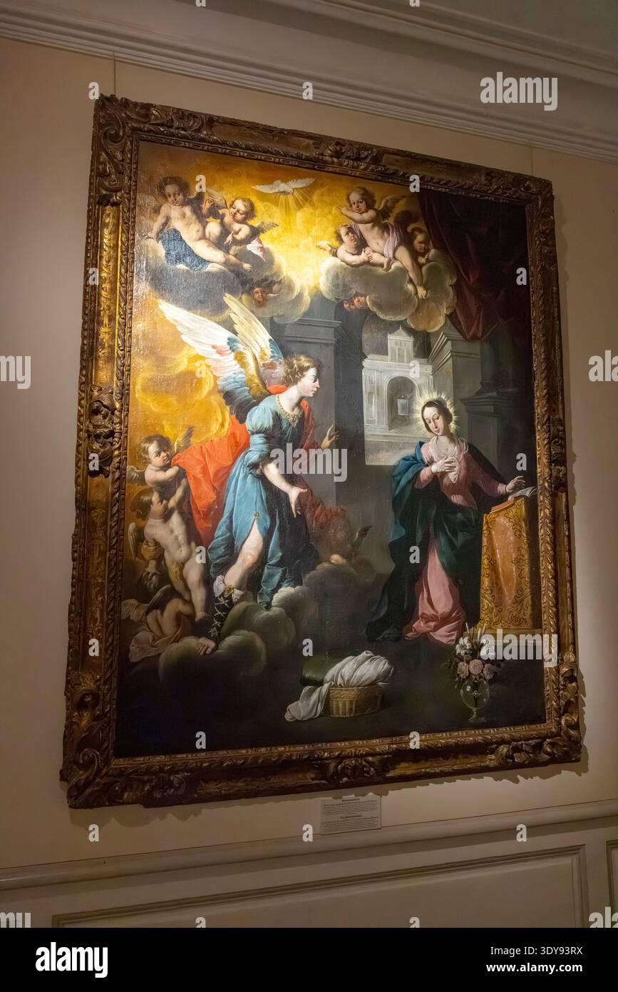 Peinture religieuse représentant l'archange Gabriel apparaissant à la Vierge Marie à Villandry, France Banque D'Images