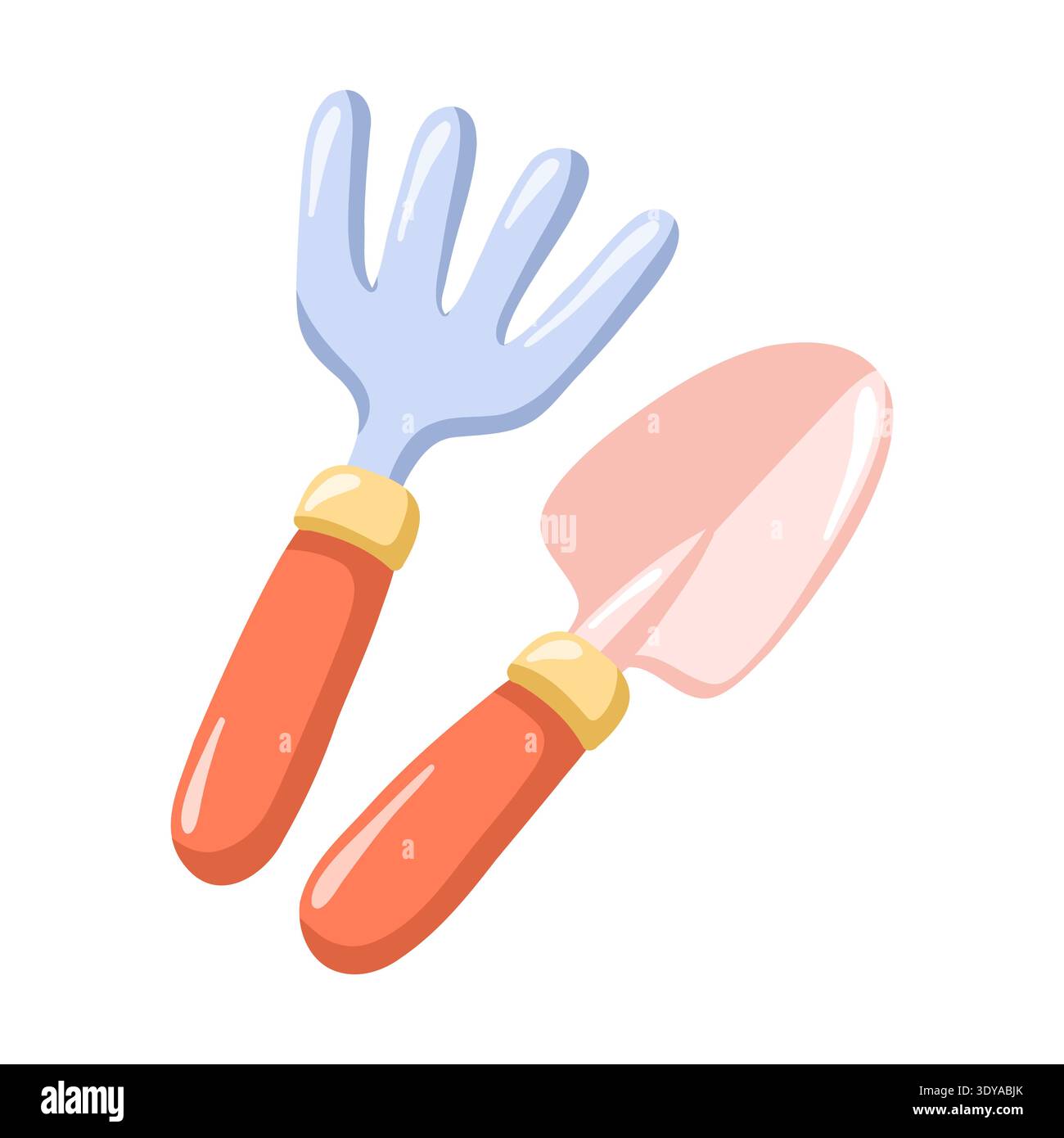 Set d'outils de jardin de printemps avec truelle et râteau à main. Illustration isolée de vecteur de dessin animé sur fond blanc Illustration de Vecteur