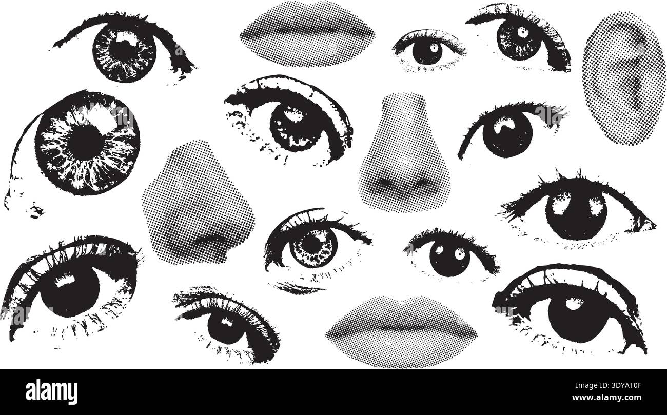 Un collage de traits du visage humain comprenant plusieurs yeux, nez et lèvres, rendu dans un demi-ton noir et blanc et un style graphique Uni sur un blanc Illustration de Vecteur