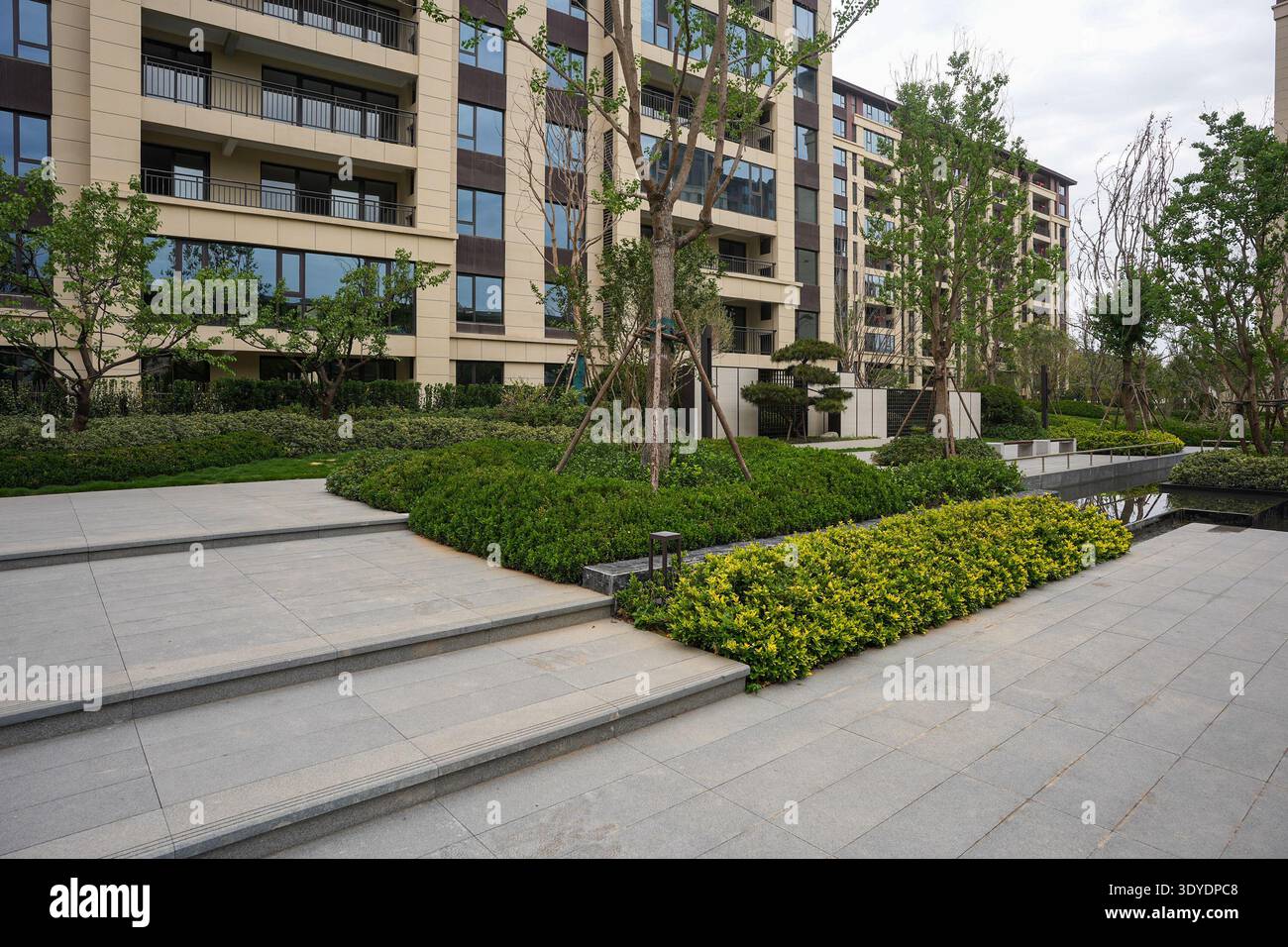 Un jardin résidentiel paysager avec des escaliers en pierre, réfléchissant l'eau, et des plantations verdoyantes. L'image véhicule le rythme architectural, pois naturel Banque D'Images